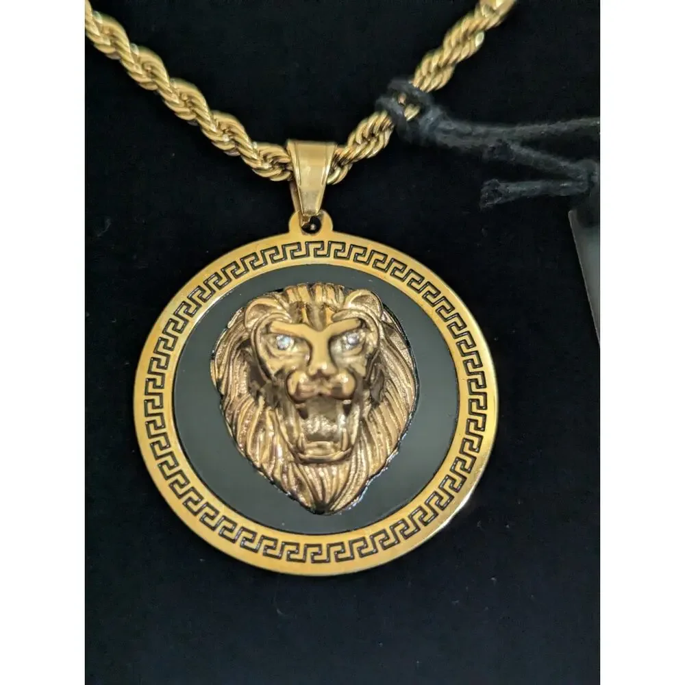 Anthony Jacobs Stainless Steel Lion Pendant Necklace Gold Tone Stone Rhinestone